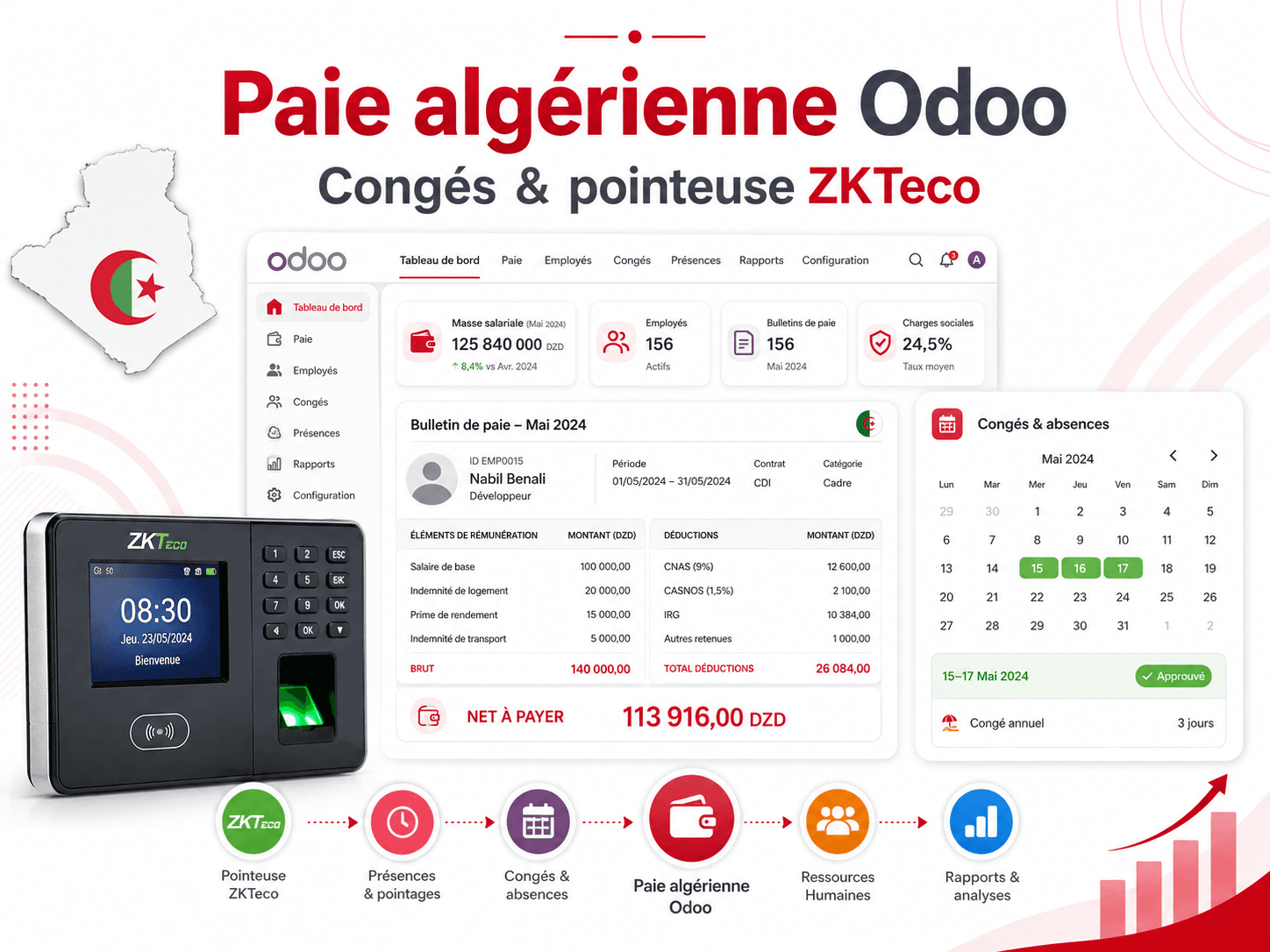 Algerian Odoo Payroll, Leave & ZKTeco Attendance